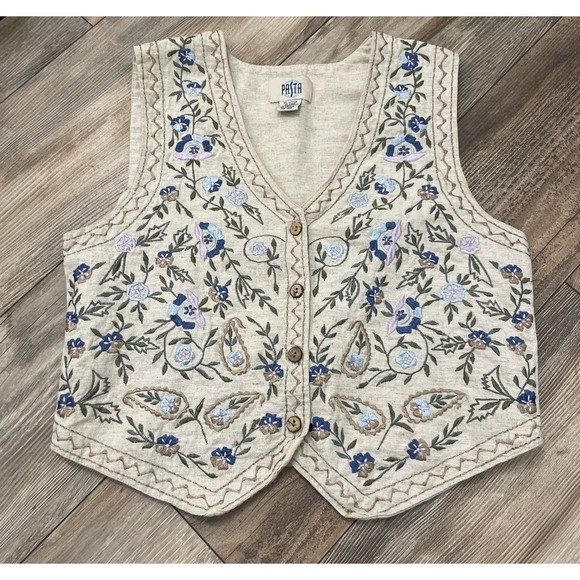 Pasta Vintage Linen Cotton Floral Embroidered Western Vest Small - Picture 1 of 4